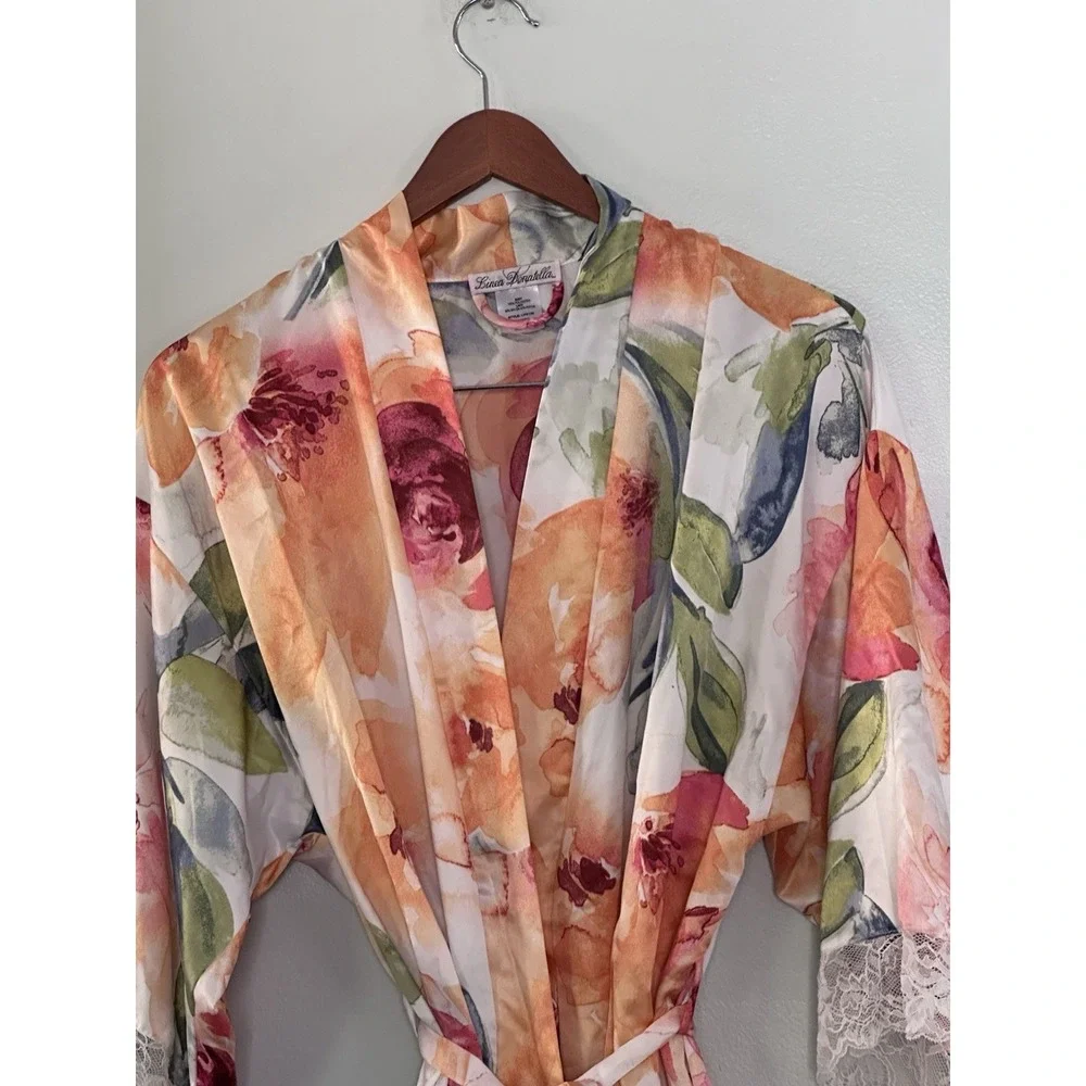 Linea Donatella Robe Womens S/M Watercolor Floral Satin Lace Trim Belted Kimono